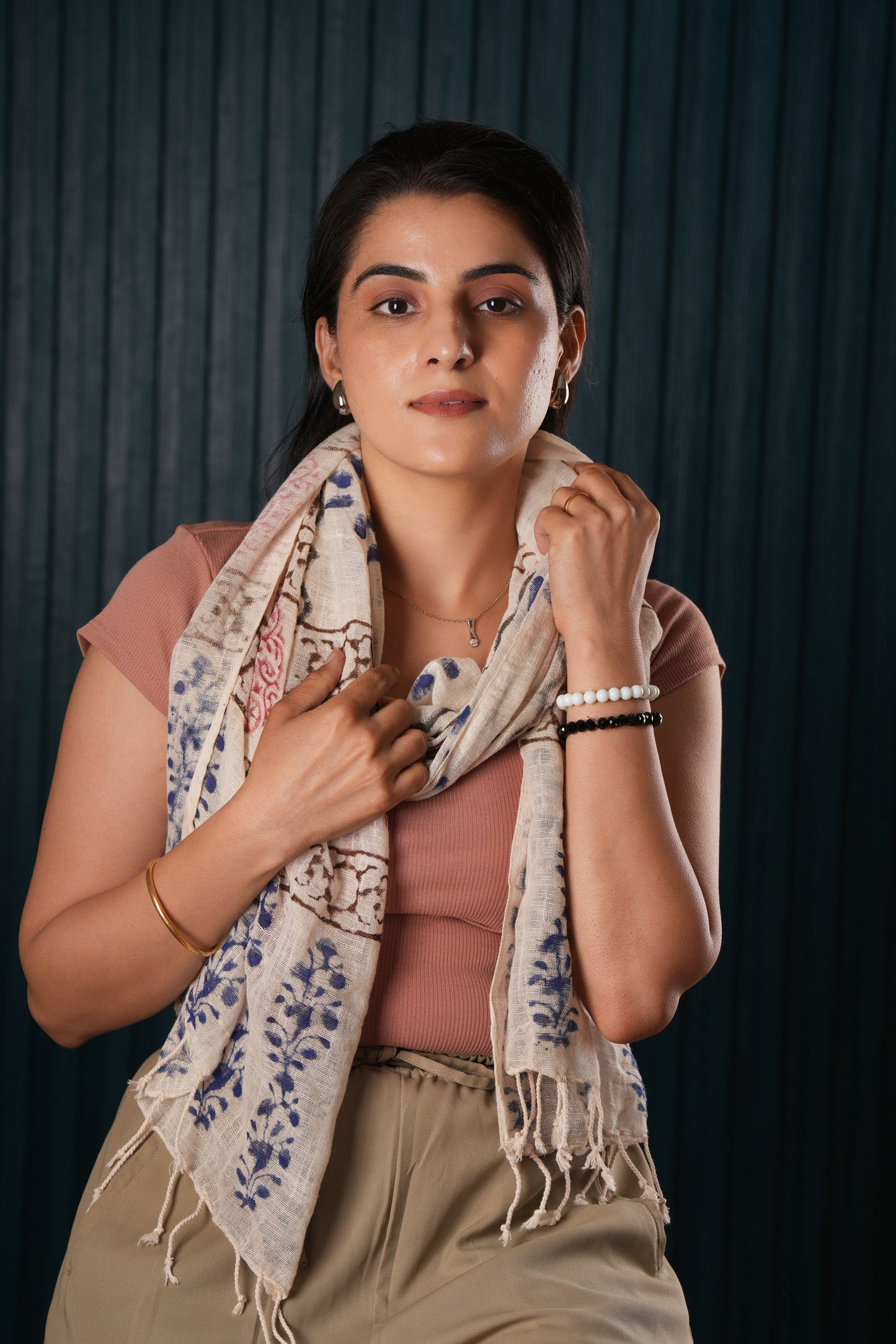 Stone Washed Organic Cotton Hand Block Printed Scarf