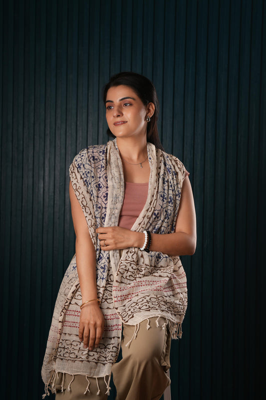 Stone Washed Organic Cotton Hand Block Printed Scarf