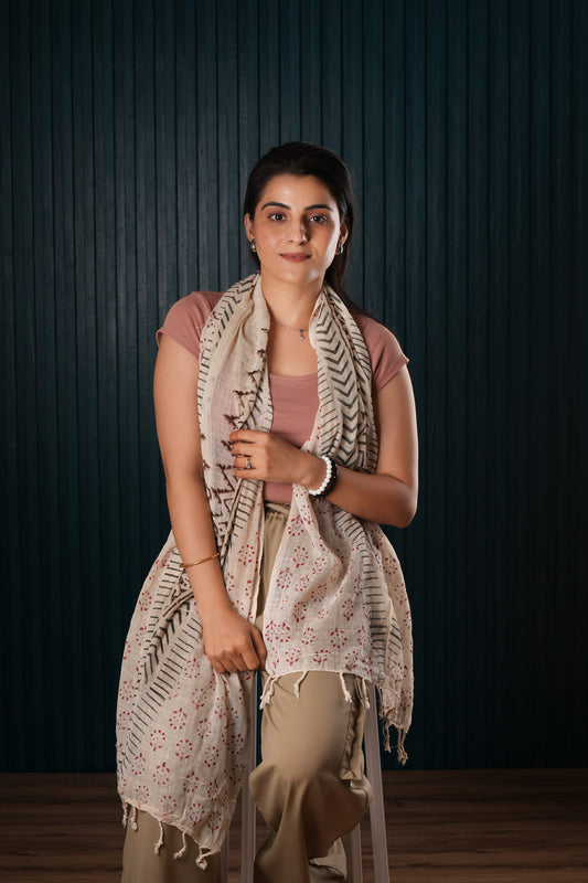 Stone Washed Organic Cotton Hand Block Printed Scarf