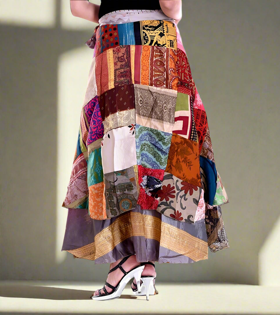Handmade Vintage Patchwork Silk Long Wrap Skirt