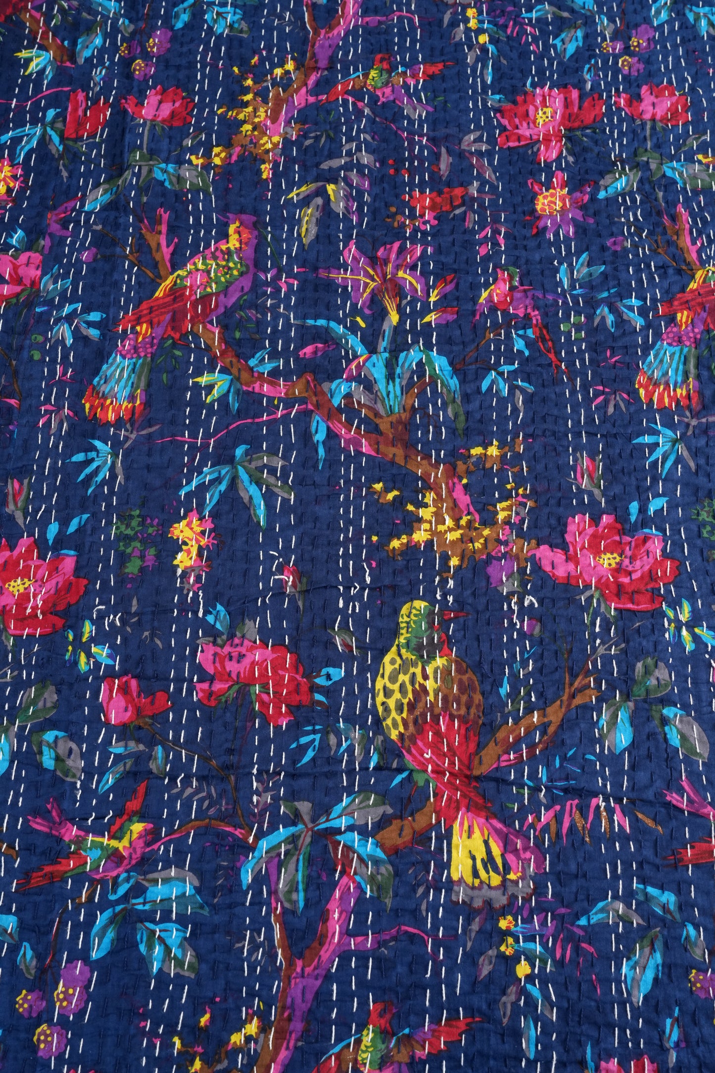 Navy Sparrow Cotton Kantha Bedspread