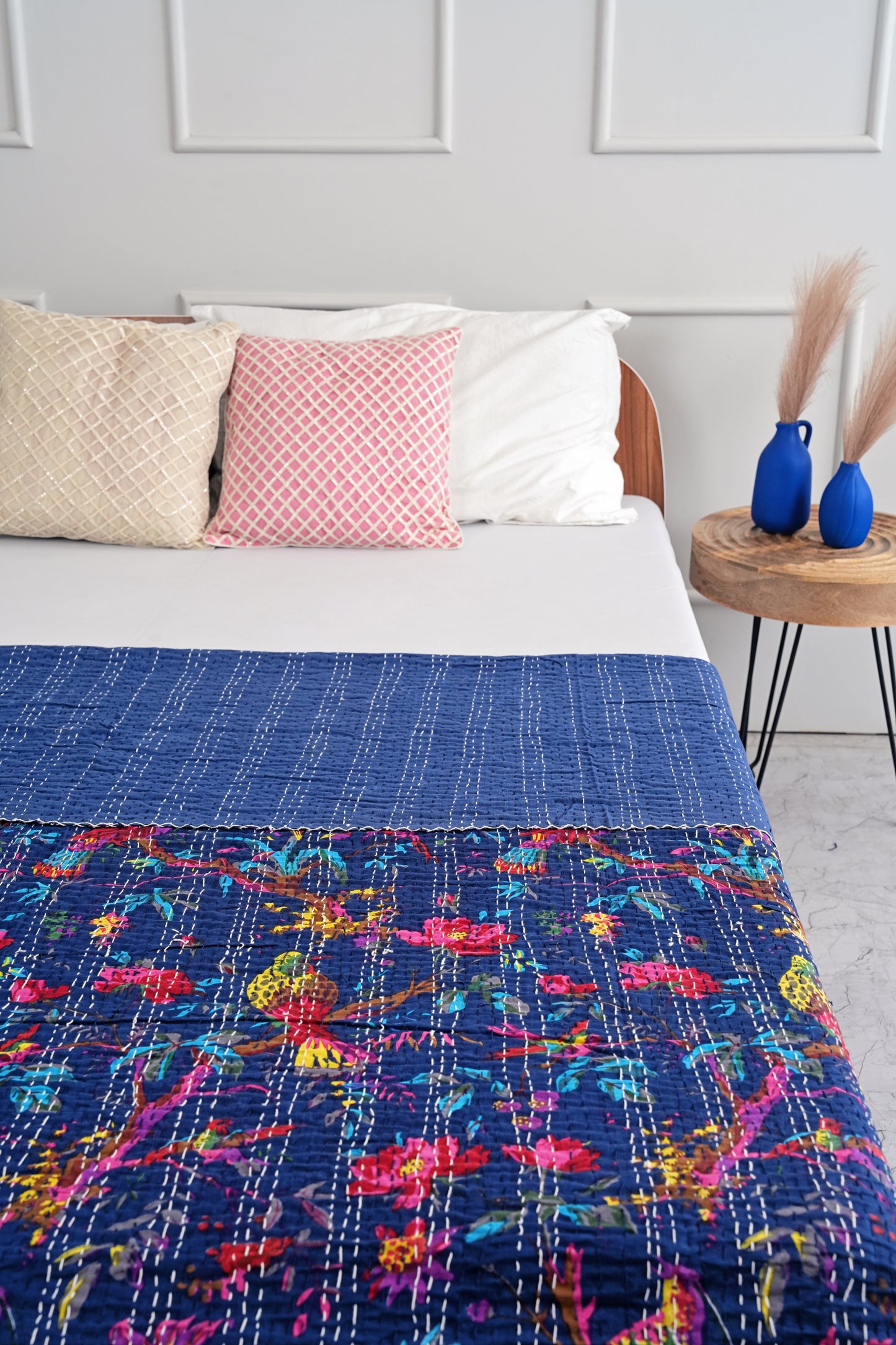 Navy Sparrow Cotton Kantha Bedspread