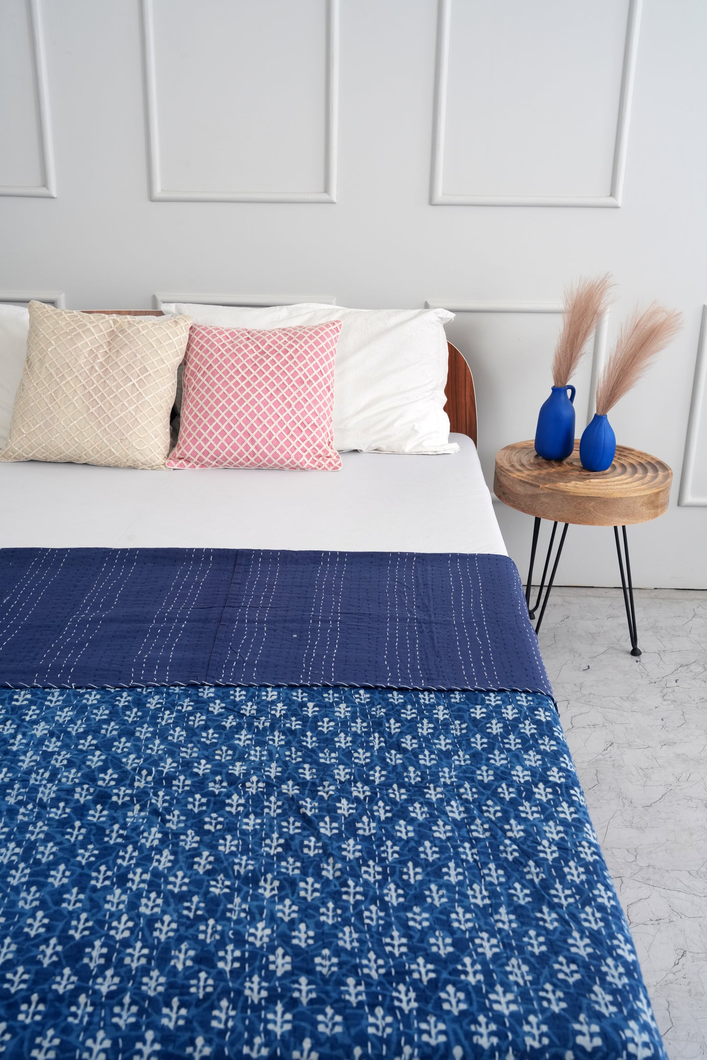 Hand-Block Printed Indigo Cotton Kantha Quilt - stone washed
