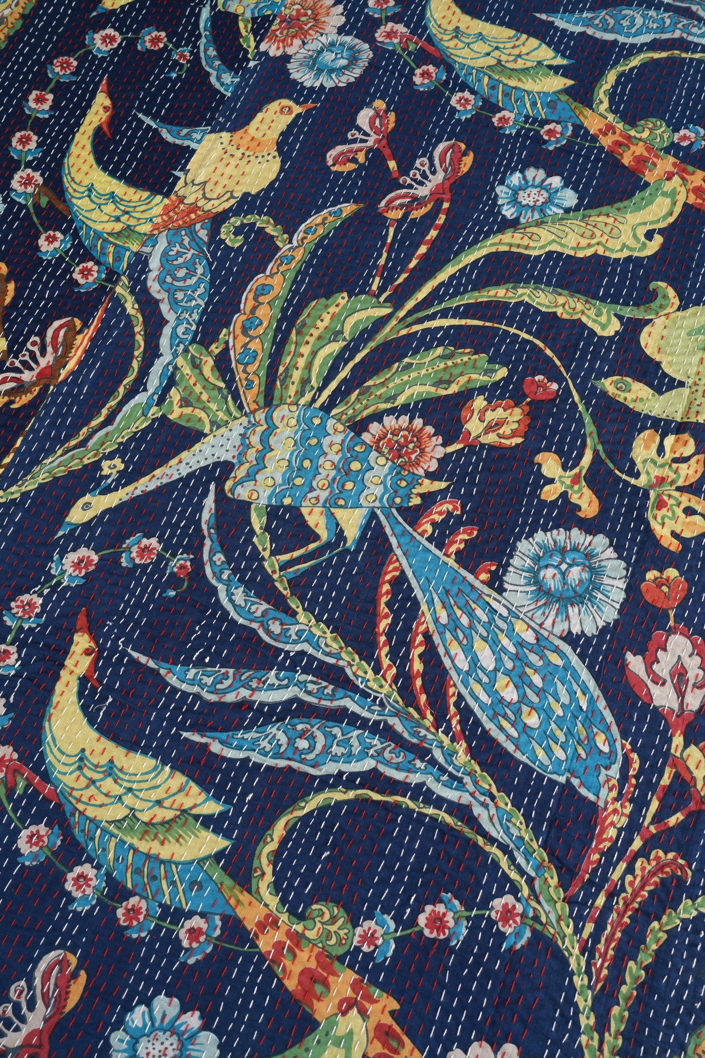 Navy Peacock Cotton Printed Kantha Quilt