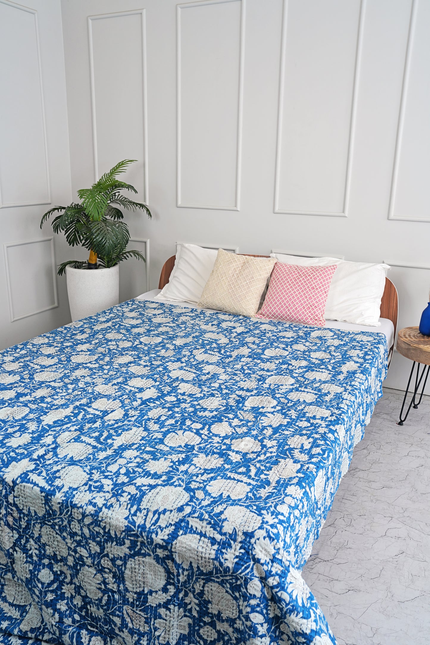 Hand Crafted Cotton Kantha Quilt - Blue