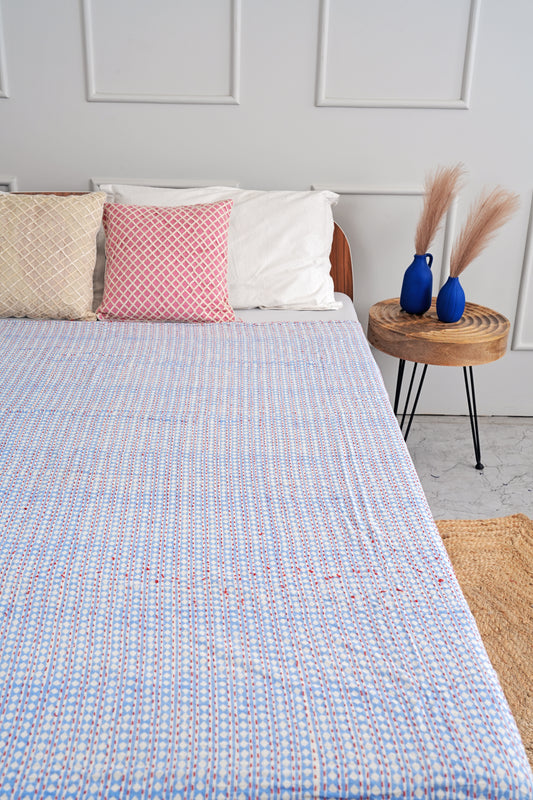 Geometric Printed Kantha Coverlet Boho Kantha Quilt - Queen