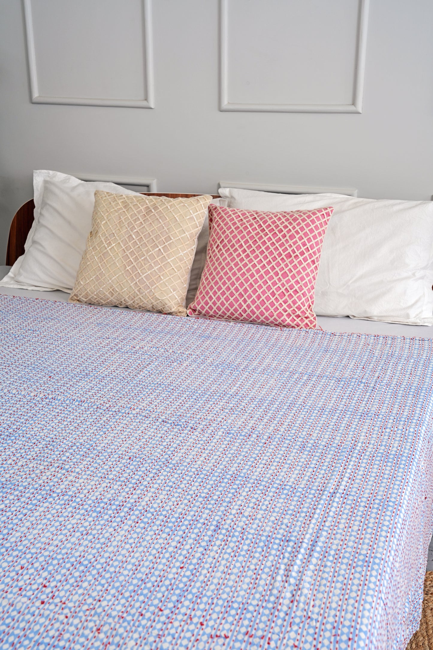 Geometric Printed Kantha Coverlet Boho Kantha Quilt - Queen