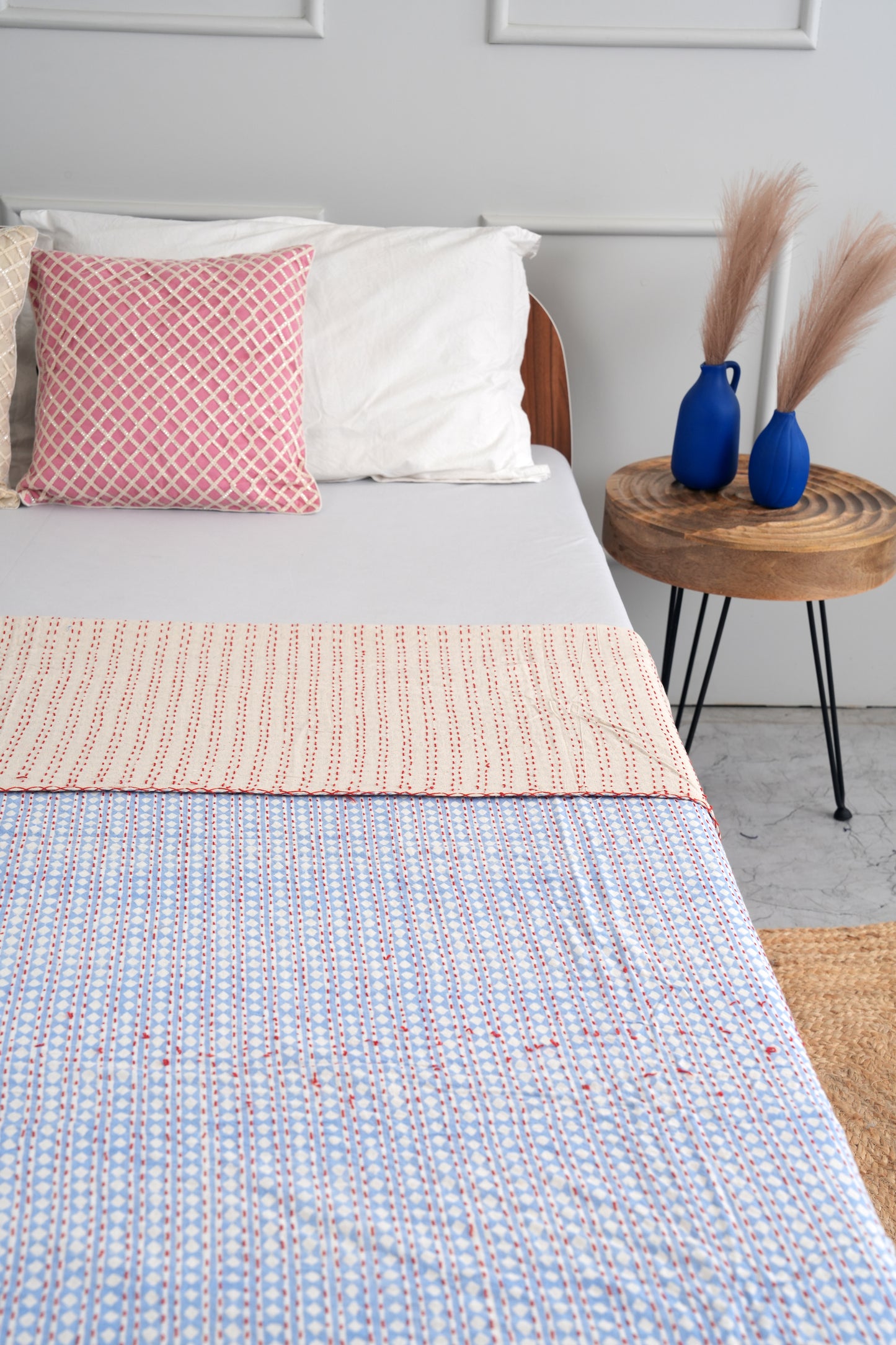 Geometric Printed Kantha Coverlet Boho Kantha Quilt - Queen