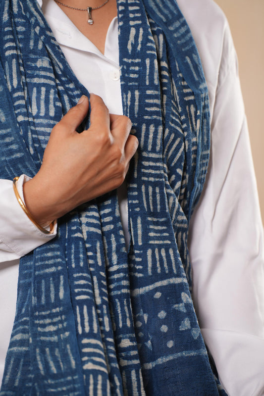 Hand-Block Printed Cotton Indigo Scarf