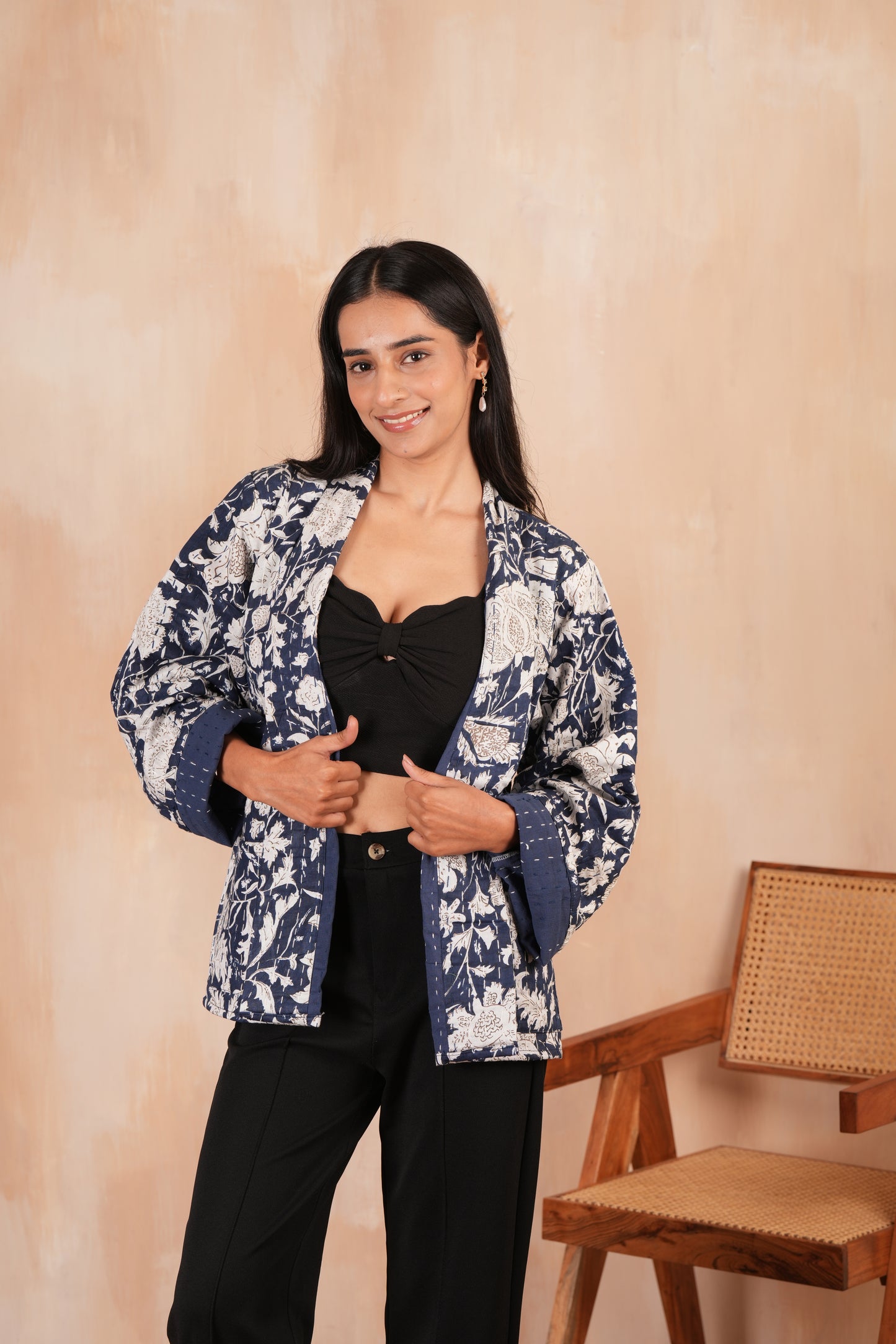 Blue Leafy Cotton Handmade Kantha Jacket