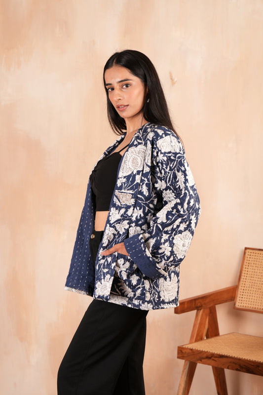 Blue Leafy Cotton Handmade Kantha Jacket