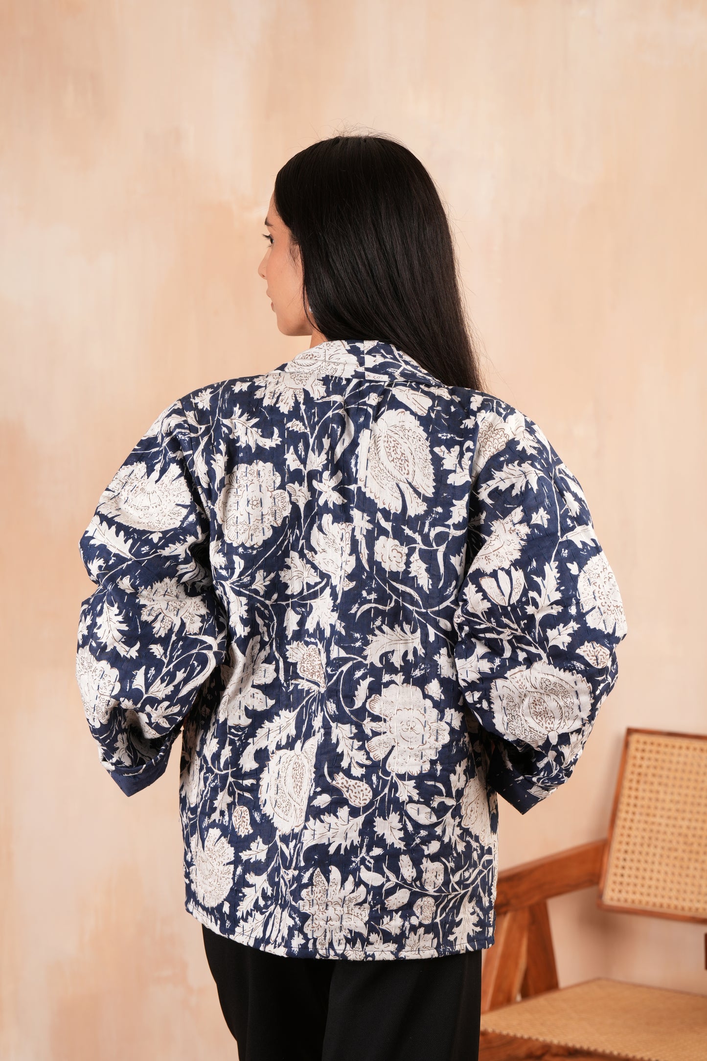 Blue Leafy Cotton Handmade Kantha Jacket