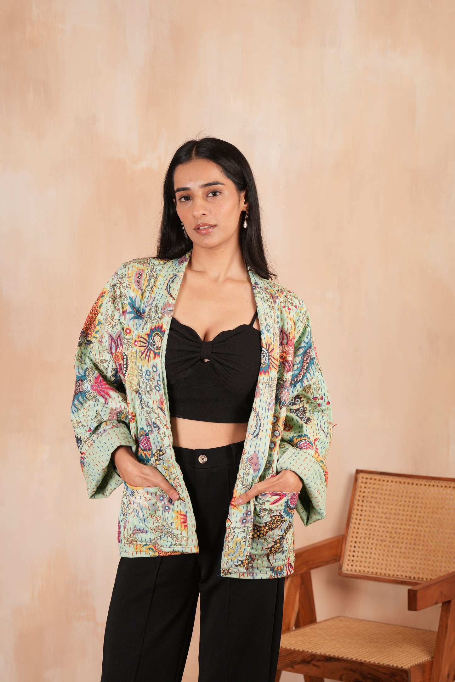 Handmade Cotton Kantha Quilted Jacket - Green