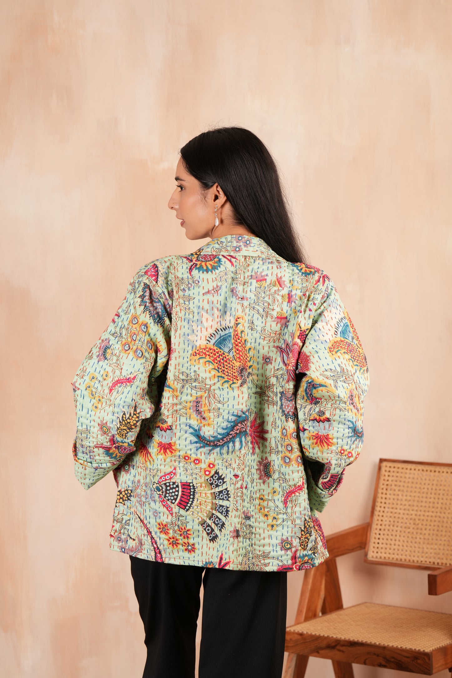 Handmade Cotton Kantha Quilted Jacket - Green