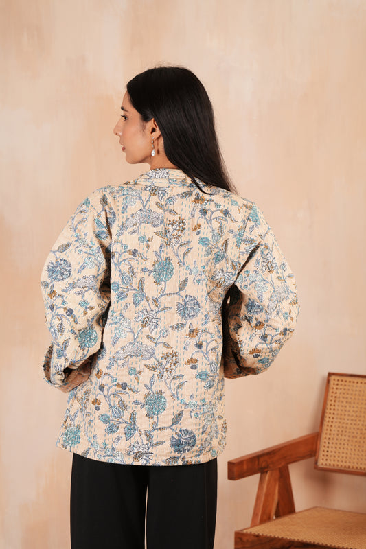 Beige Kantha Jacket with Flowers Print