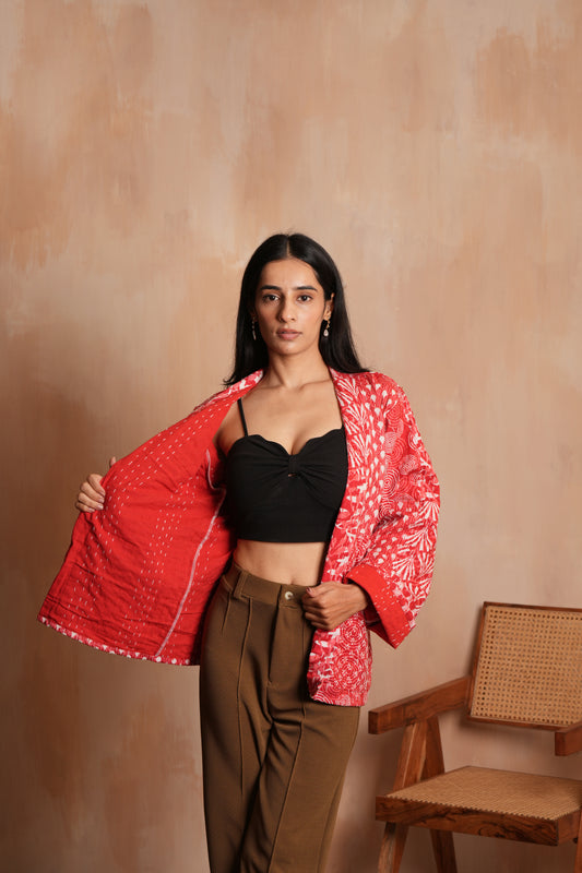Patchwork Style Red Kantha Jacket