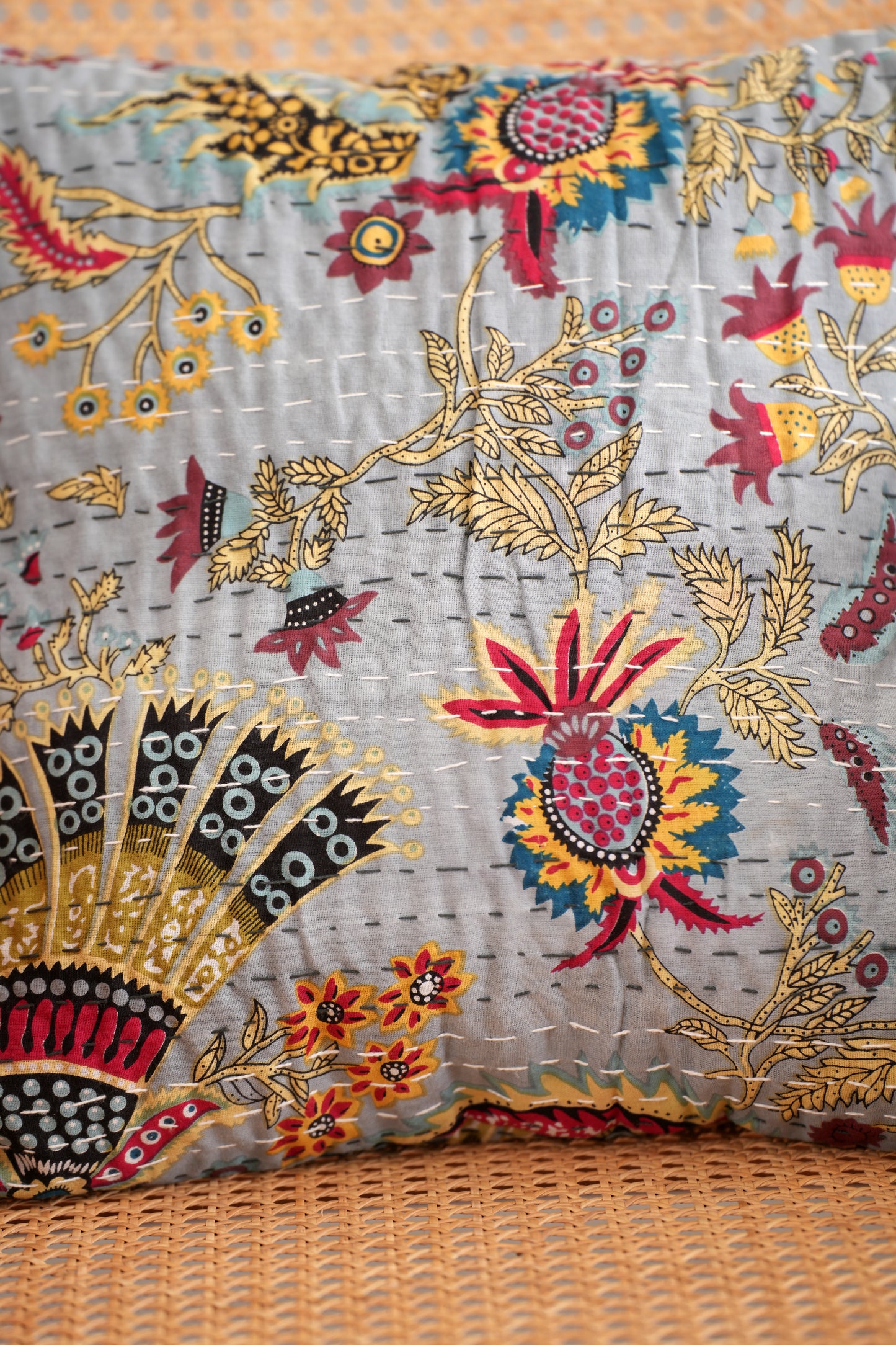 Boho Wildflower Kantha Pillow Cover - Gray