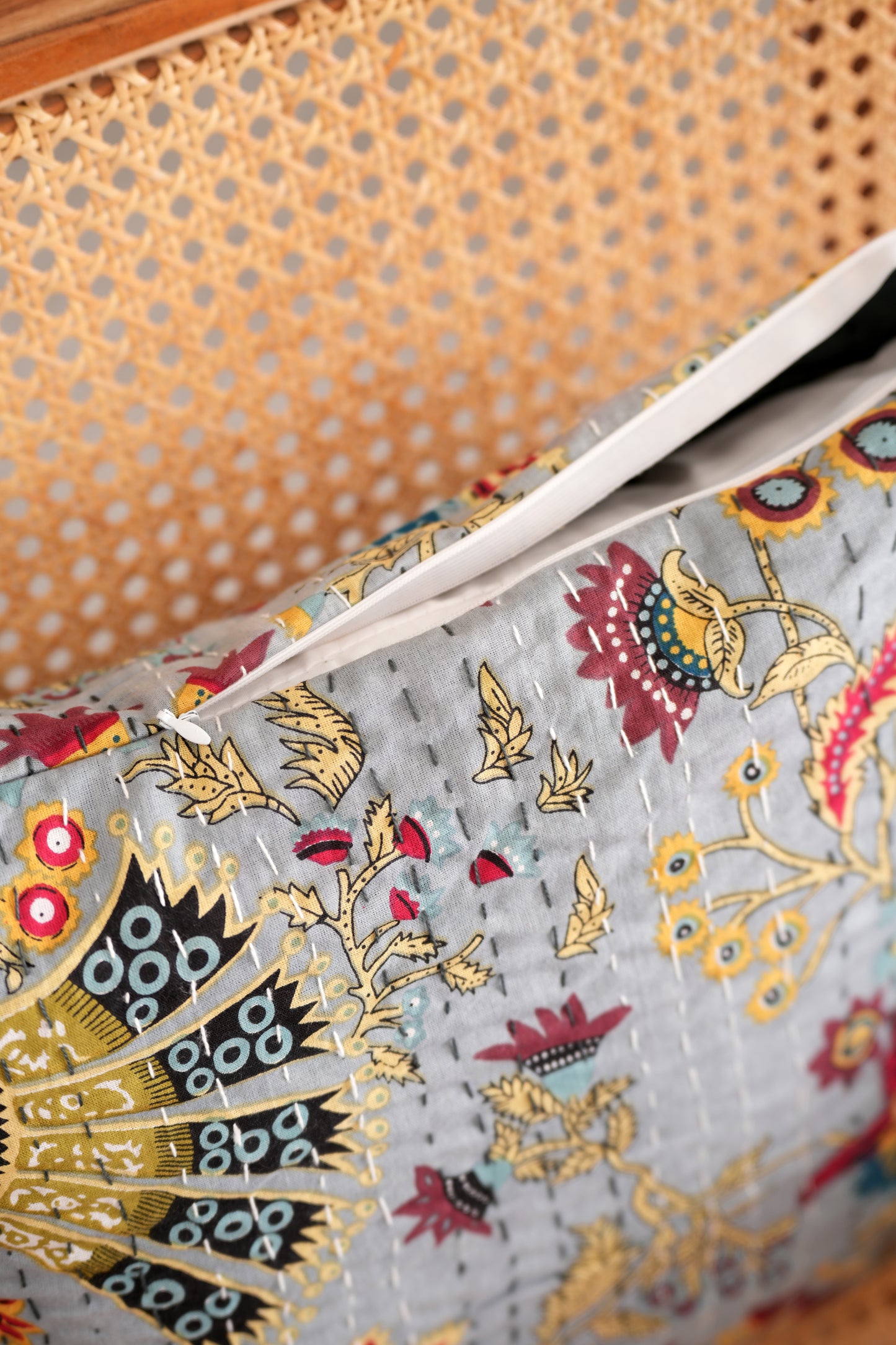 Boho Wildflower Kantha Pillow Cover - Gray