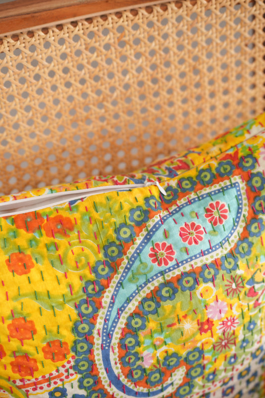 Handmade Yellow Paisley Kantha Cushion Cover