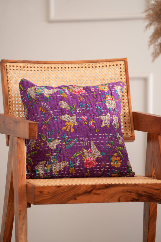 Hand Crafted Cotton Purple Floral Kantha Cushio Cover