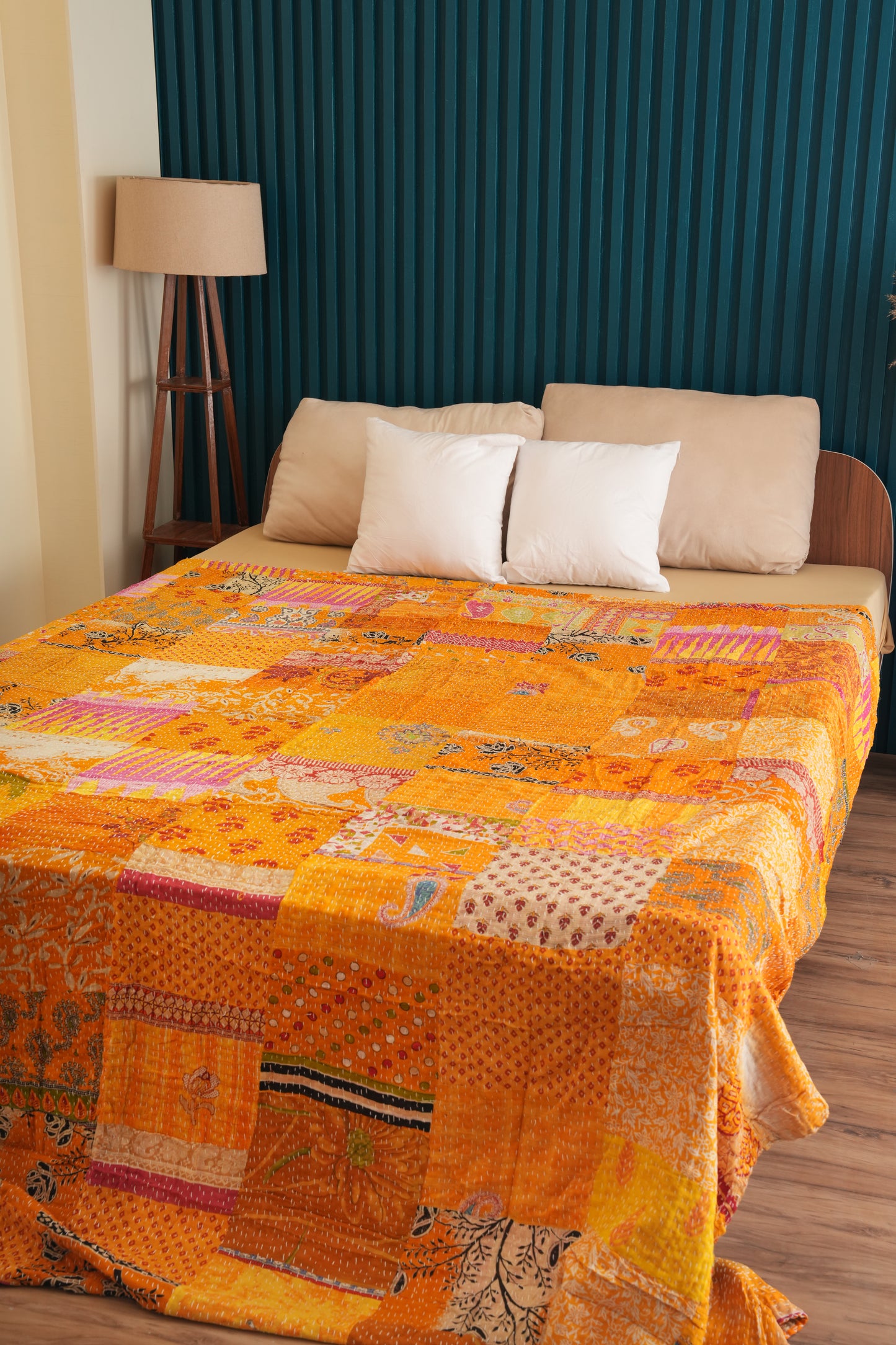 Hand Stitched Vintage Patchwork Kantha Quilt - Yellow