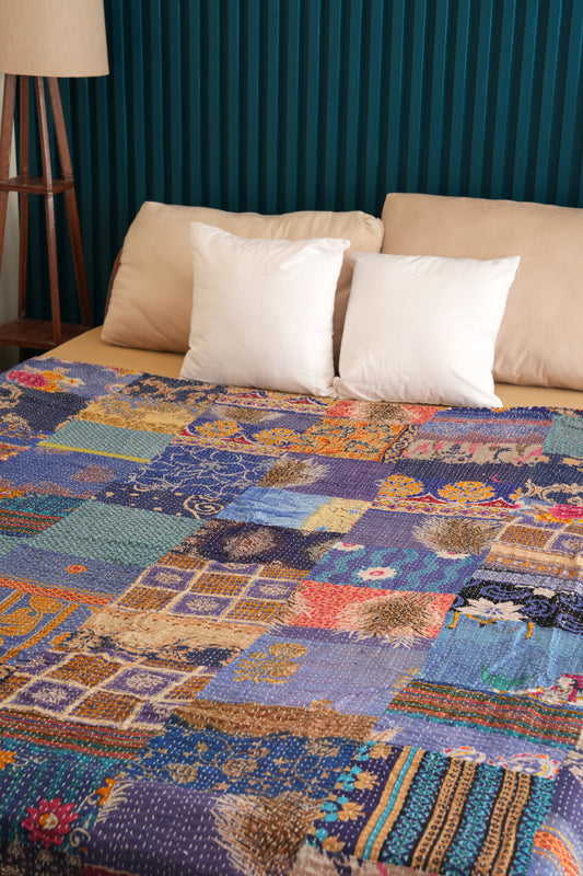 Beautiful Blue Patchwork Kantha Bedspread