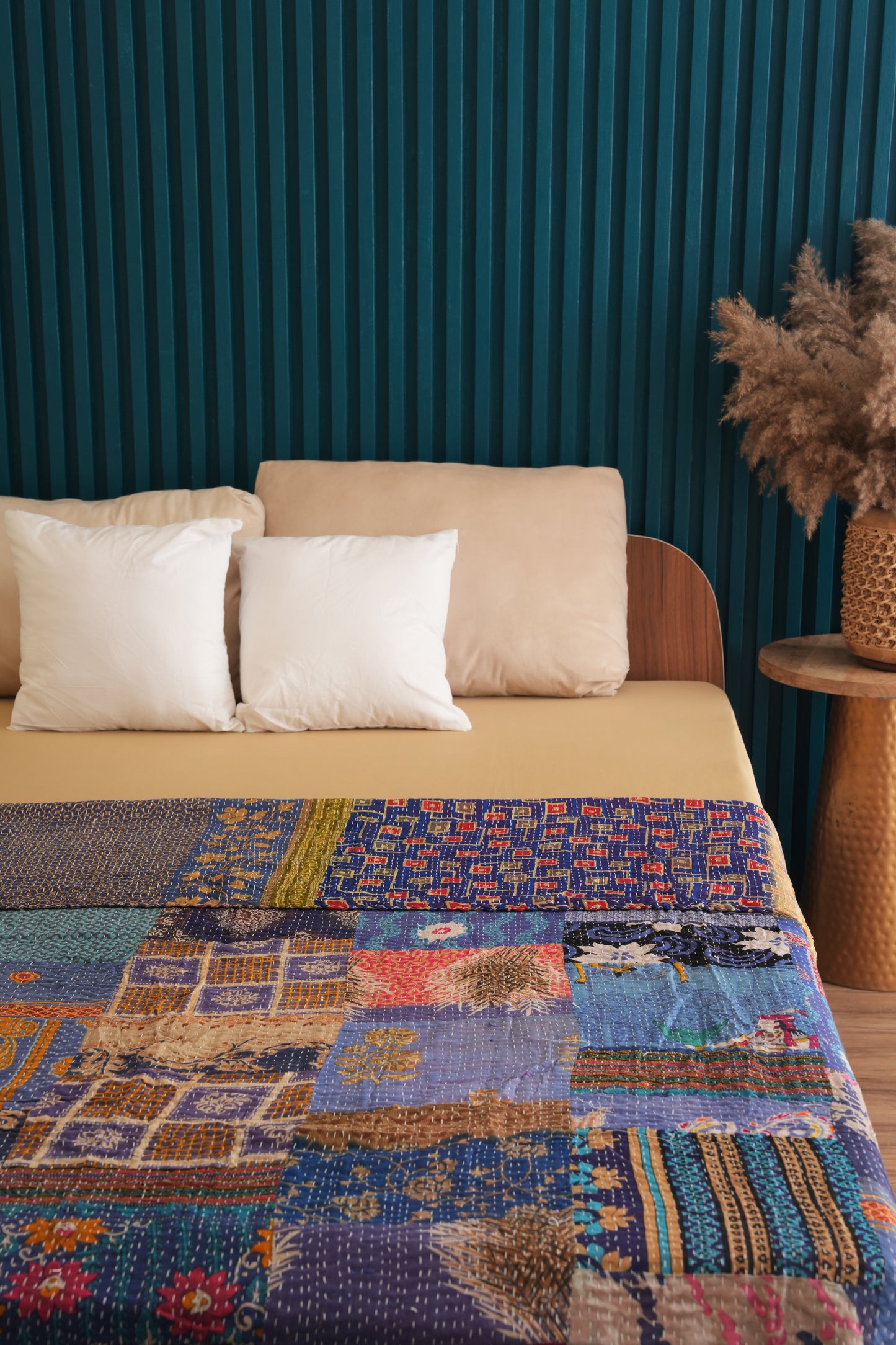 Beautiful Blue Patchwork Kantha Bedspread