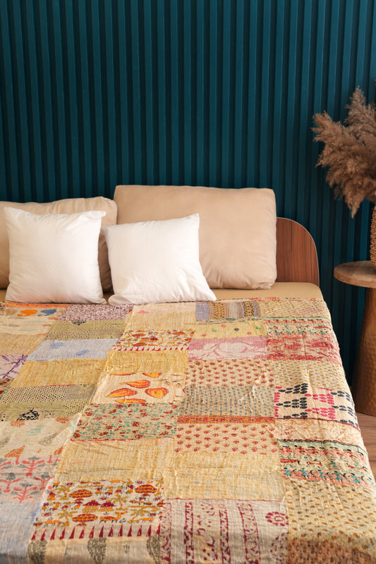 Upcycled Boho Kantha Bedspread - Beige