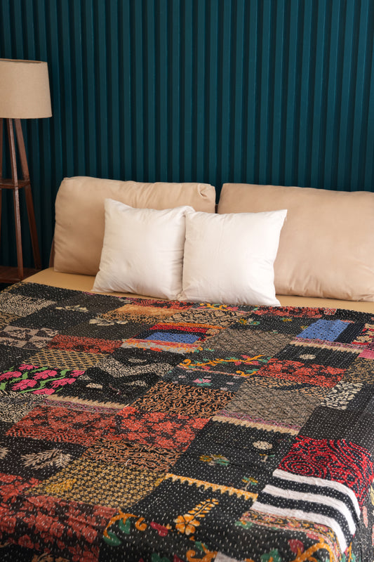 Black Patchwork Bohemian Kantha Quilt Handmade