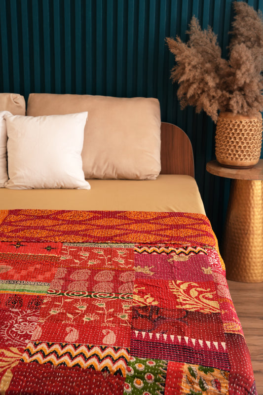 Patchwork Kantha Quilt - Red
