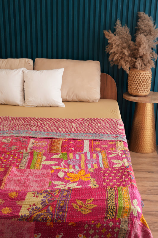 Pink Patchwork Cotton Kantha Bedspread