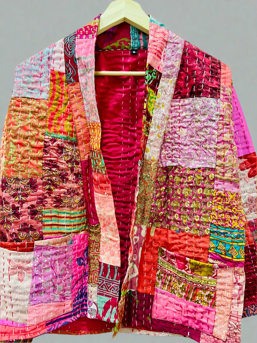 Handmade Vintage Silk Patchwork Kantha Stitched Jacket