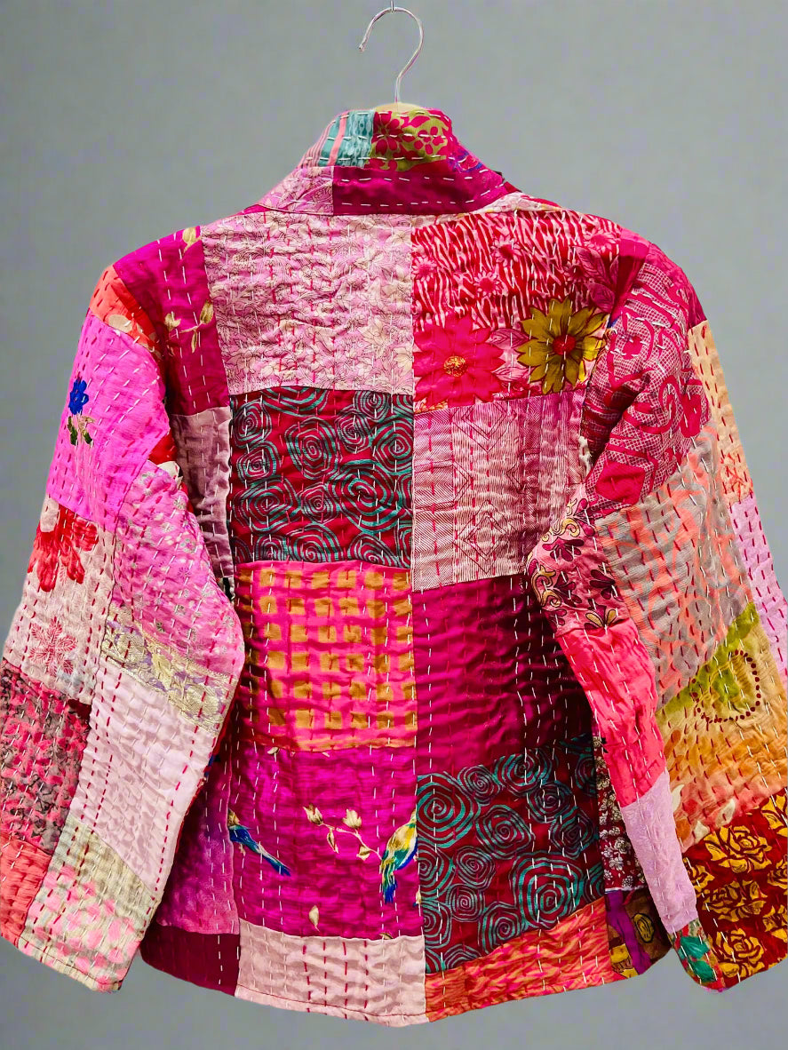 Handmade Vintage Silk Patchwork Kantha Stitched Jacket