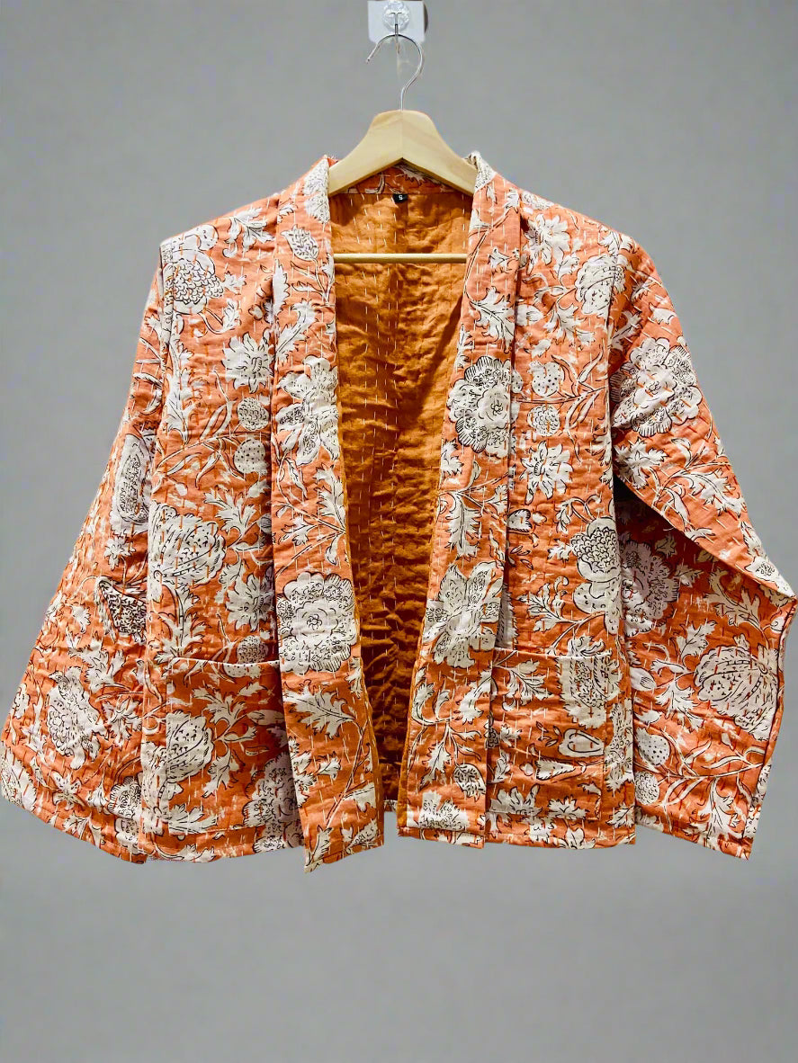 Salmon Peach Cotton Printed Leafy Kantha Stitched Jacket