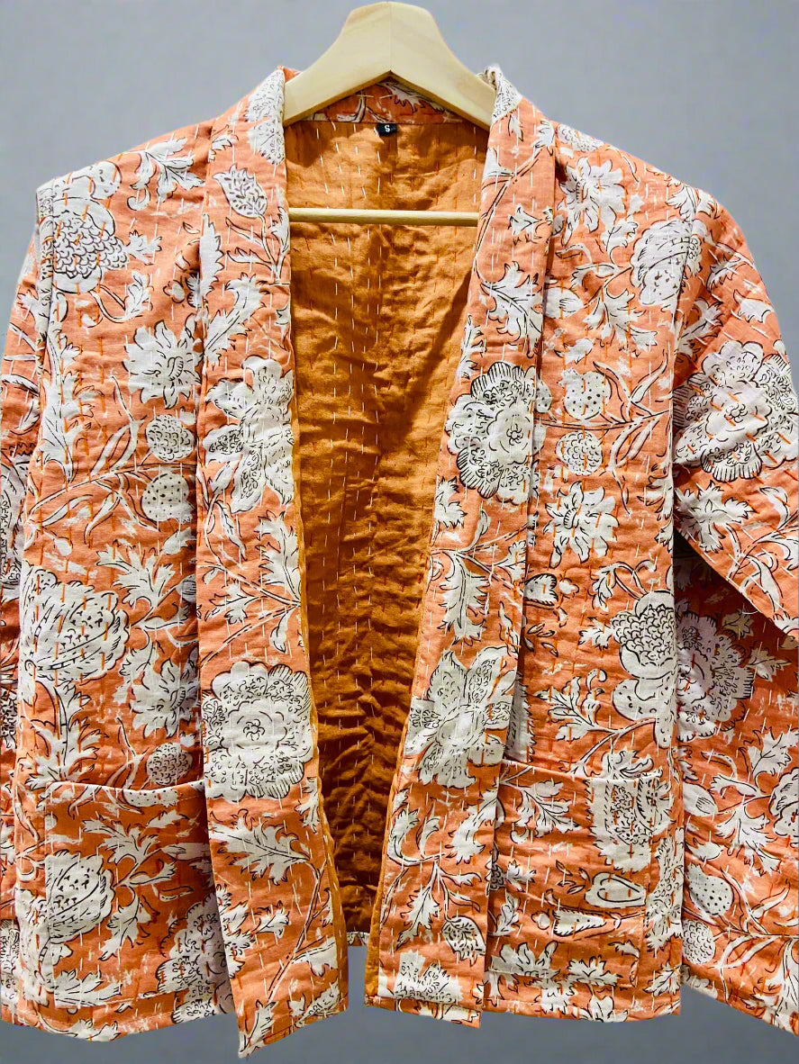 Salmon Peach Cotton Printed Leafy Kantha Stitched Jacket