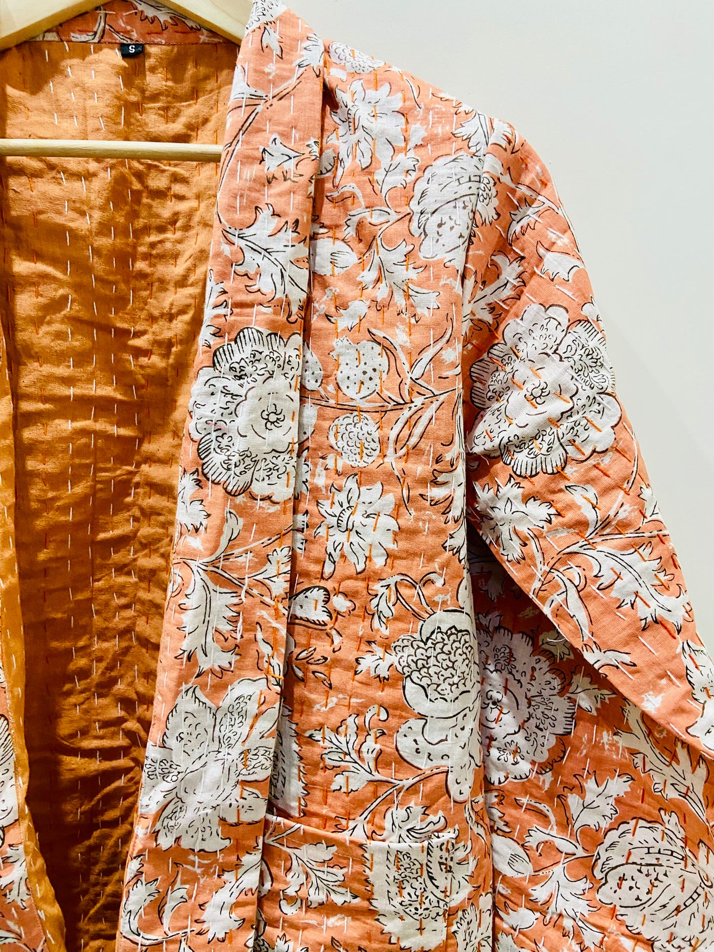 Salmon Peach Cotton Printed Leafy Kantha Stitched Jacket