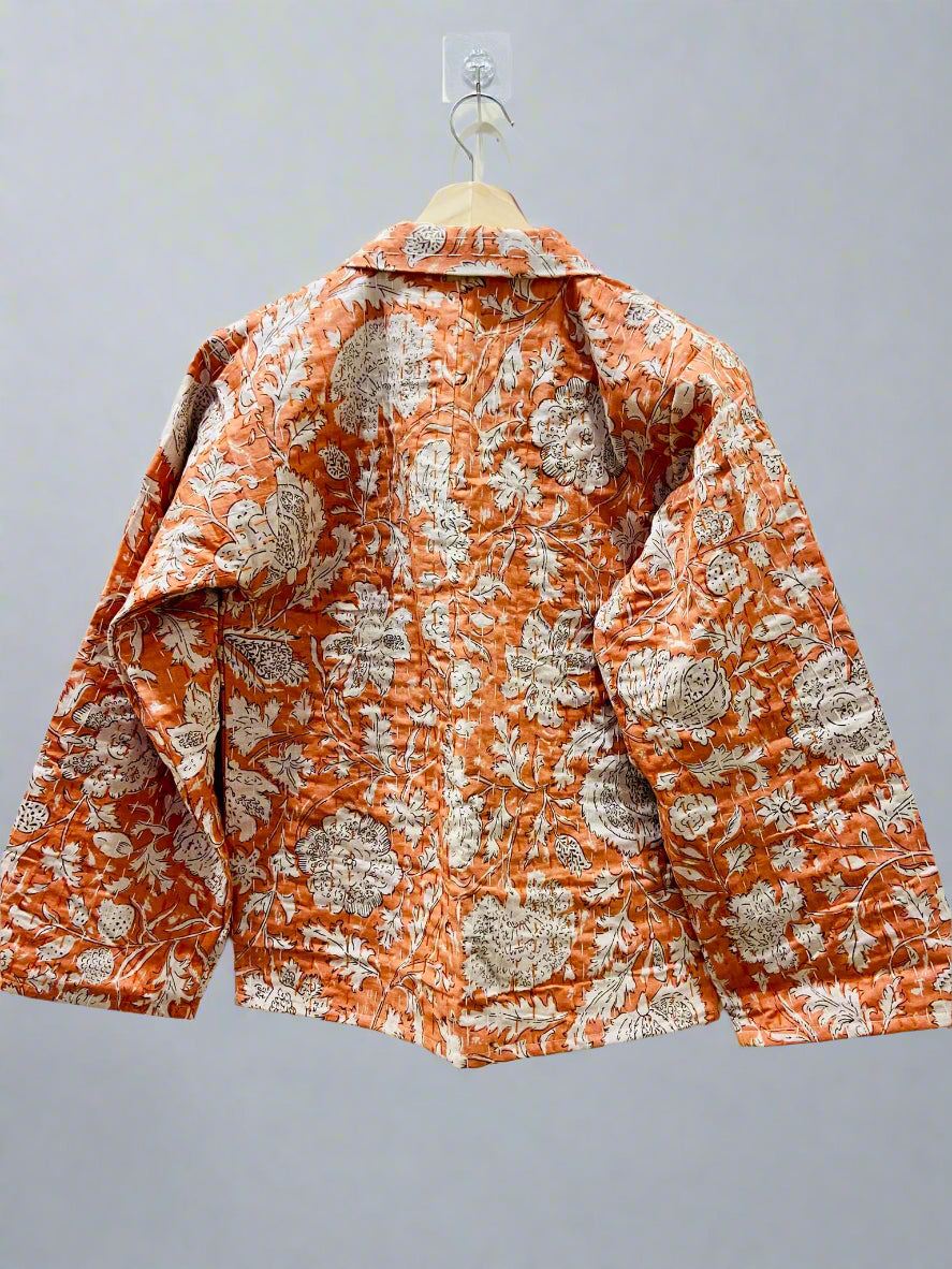 Salmon Peach Cotton Printed Leafy Kantha Stitched Jacket