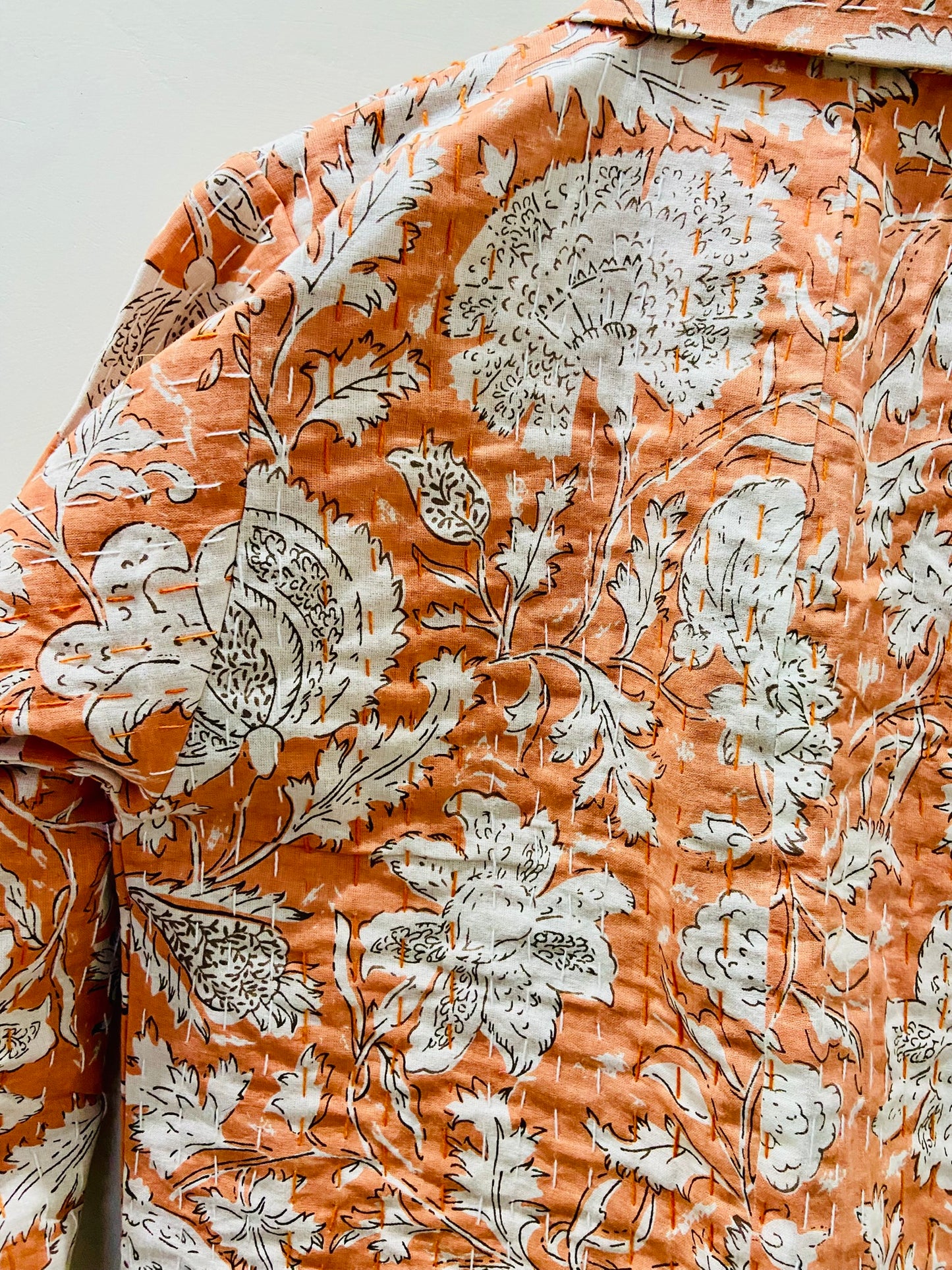 Salmon Peach Cotton Printed Leafy Kantha Stitched Jacket