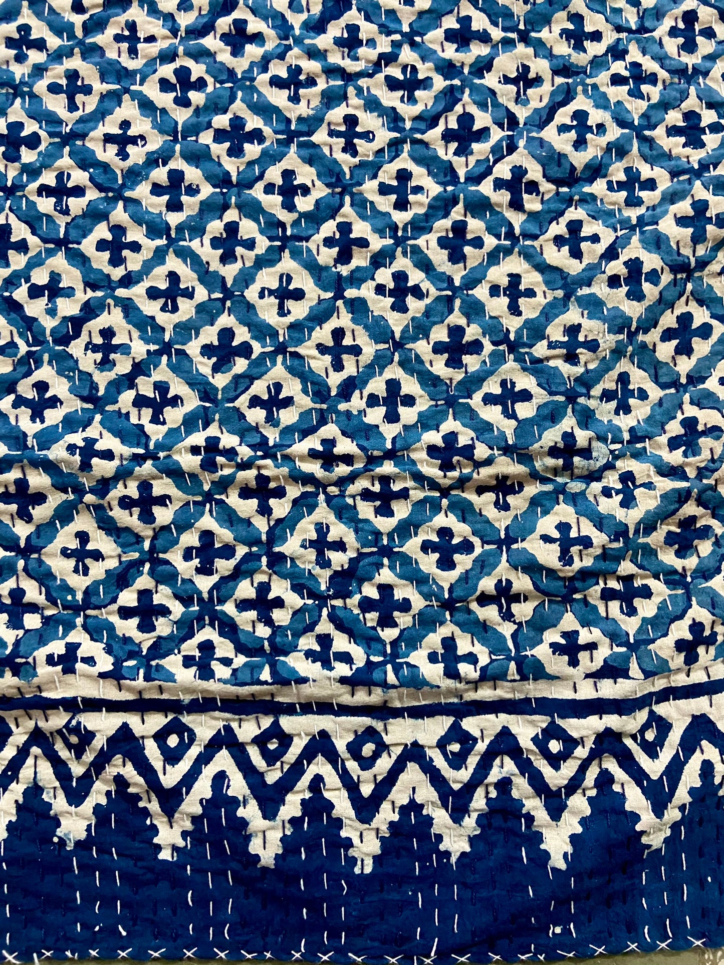 Hand Block Printed Cotton Indigo Queen Kantha Bedspread
