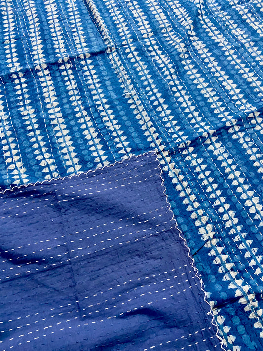 Geometric Indigo Cotton Kantha Quilt