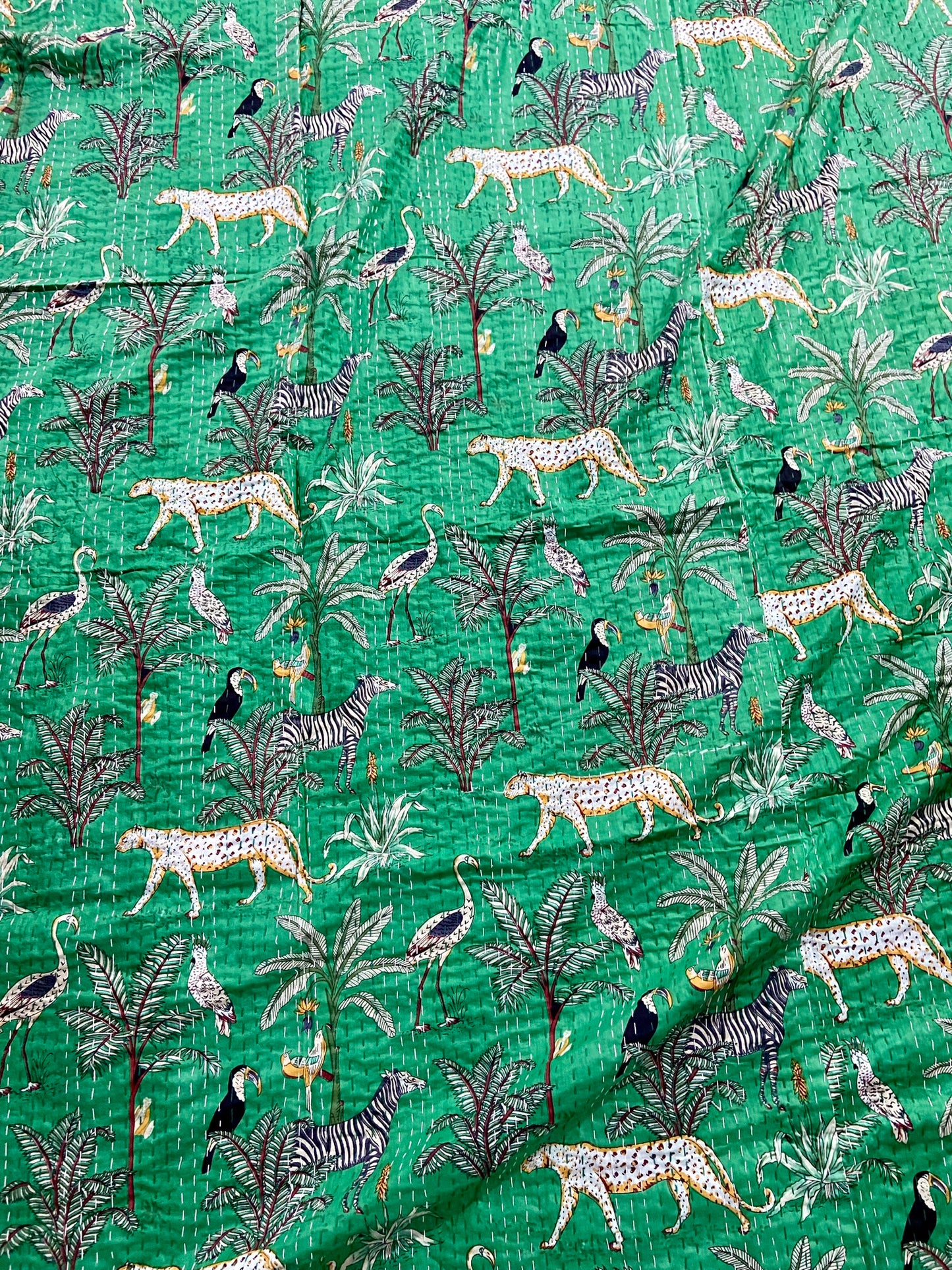 Green Jungle Safari Animal Kantha Quilt Handmade Indian Kantha Bedspread Throw