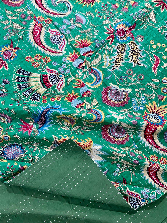 Wildflower Green Cotton Handmade Kantha Bedspread