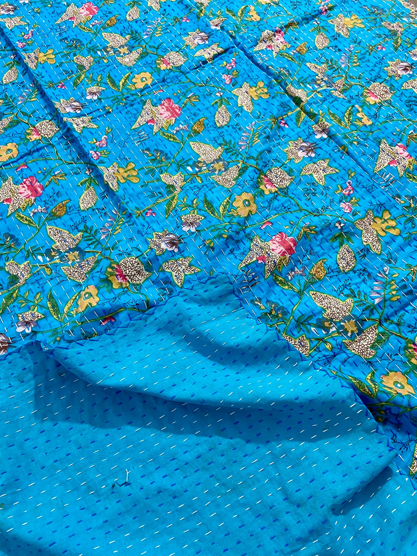 Turquoise Floral Kantha Quilt
