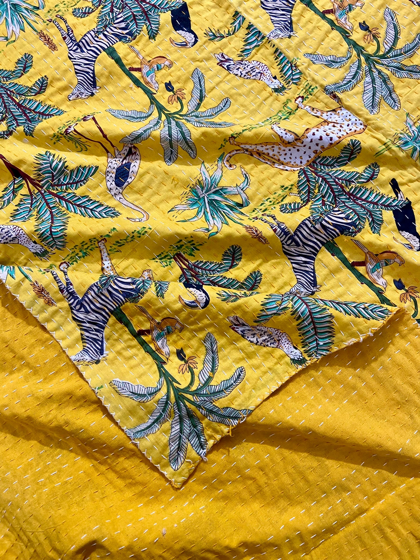 Cheetah Jungle Animal Kantha Quilt Yellow