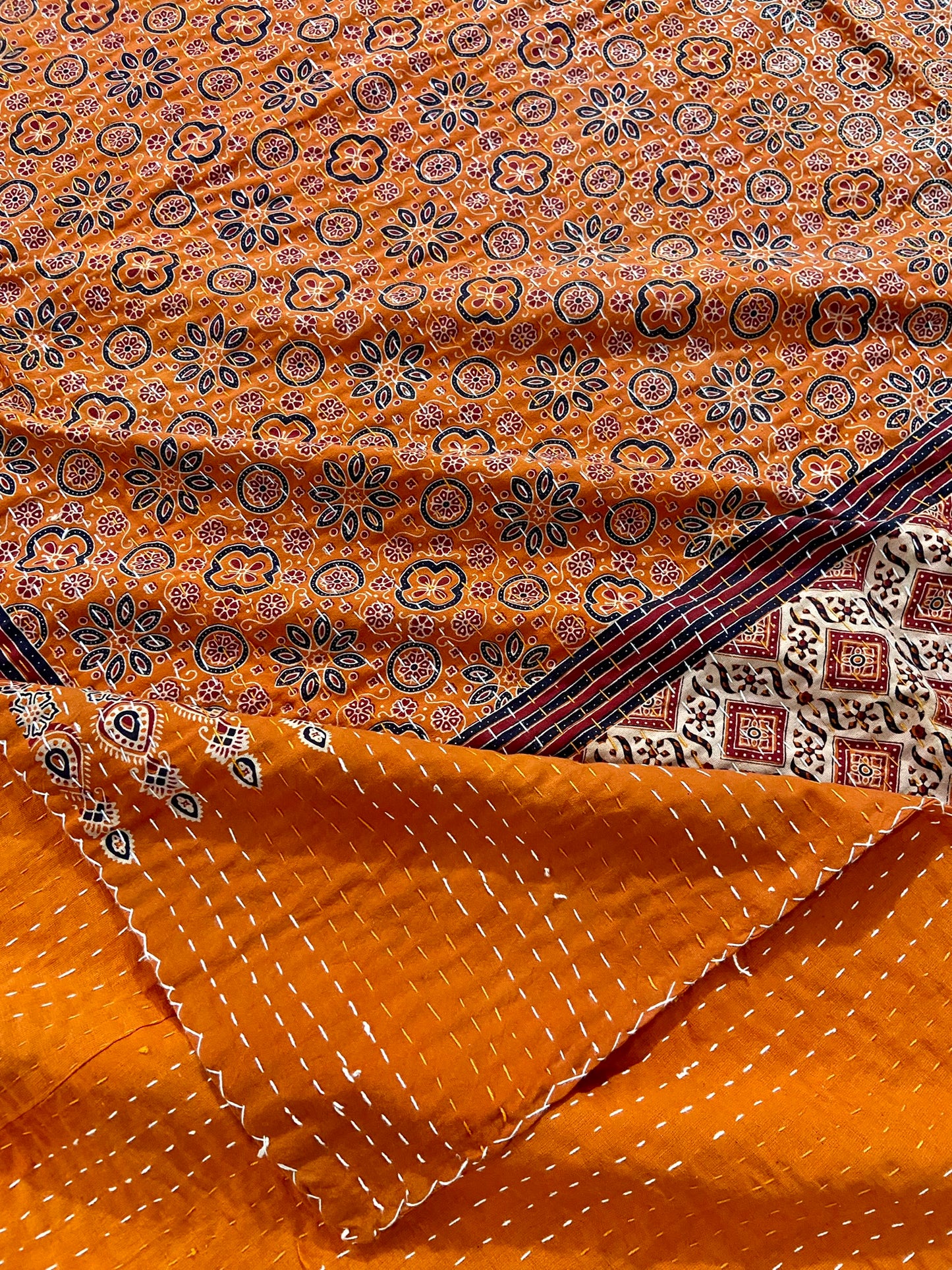 Burnt Orange Hand Printed Ajrakh Cotton Queen/King Kantha Quilt