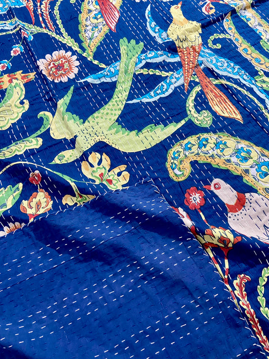 Blue Peacock Cotton Kantha Quilt