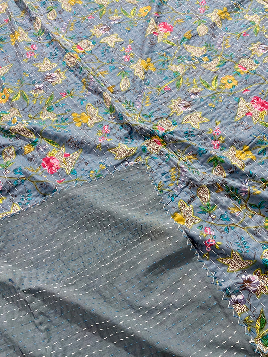 Gray Floral Kantha Quilt
