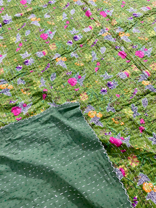 Green Floral Handmade Kantha Quilt