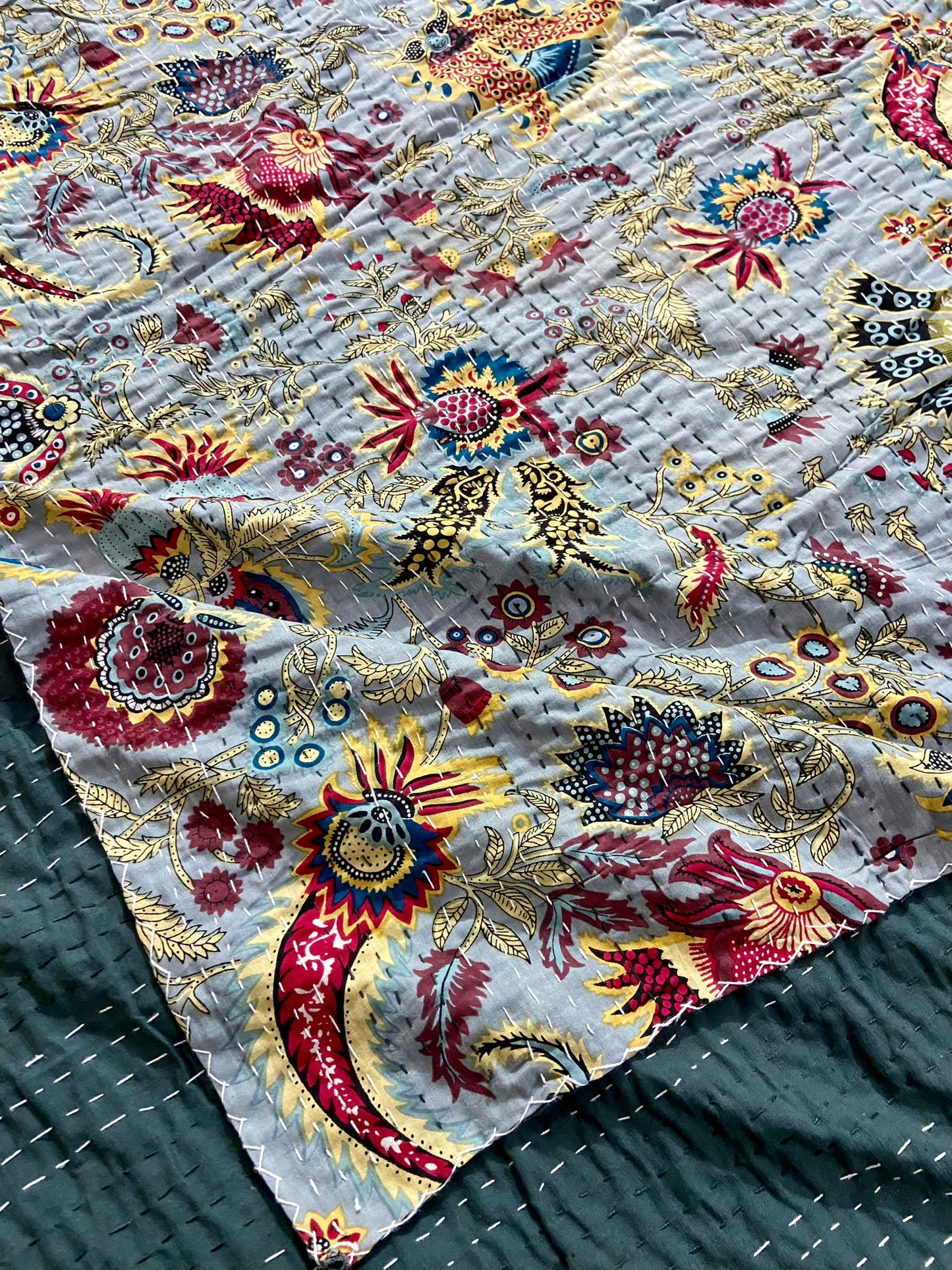 Gray Wildflower Kantha Quilt