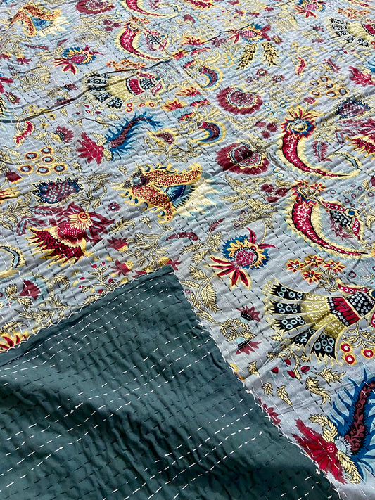 Gray Wildflower Kantha Quilt